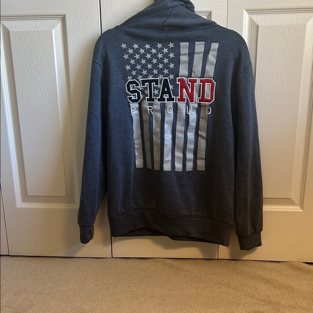 Men's Gray Blue Hoodie size M Stand Proud embroidered on back American flag.